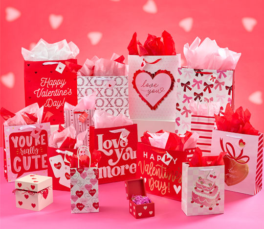 Various Valentine's Day gift bags, pink and red tissue paper, and valentine's day boxes from pOpshelf. 