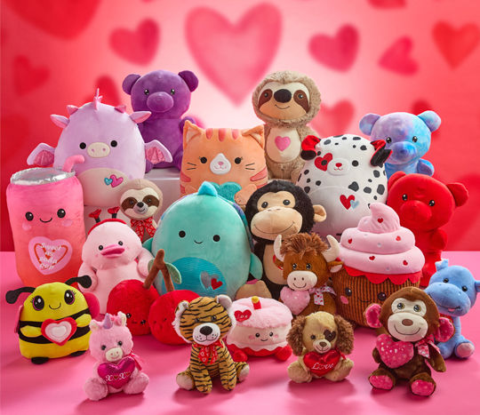 Adorable plush perfect for Valentine's gifts: bears, sloth, bee, cherries, sweets & more.