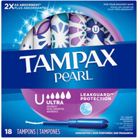Tampax Pearl Tampons Ultra Absorbency with LeakGuard Braid, Unscented, 18 Count