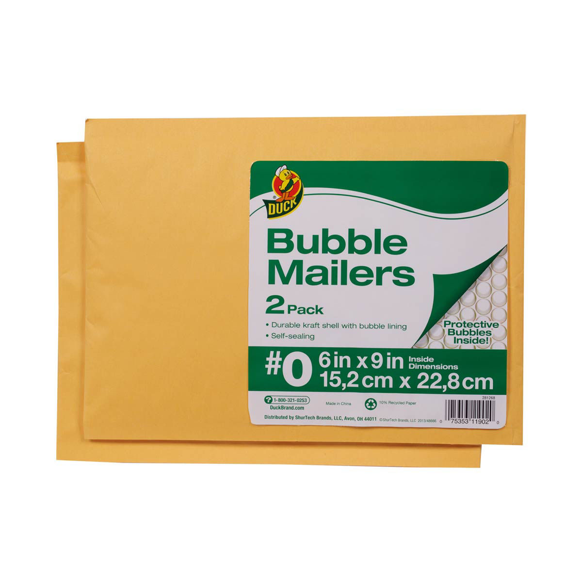 Duck Brand Manila Kraft Bubble Mailers, 6 in. x 9 in., 2pack