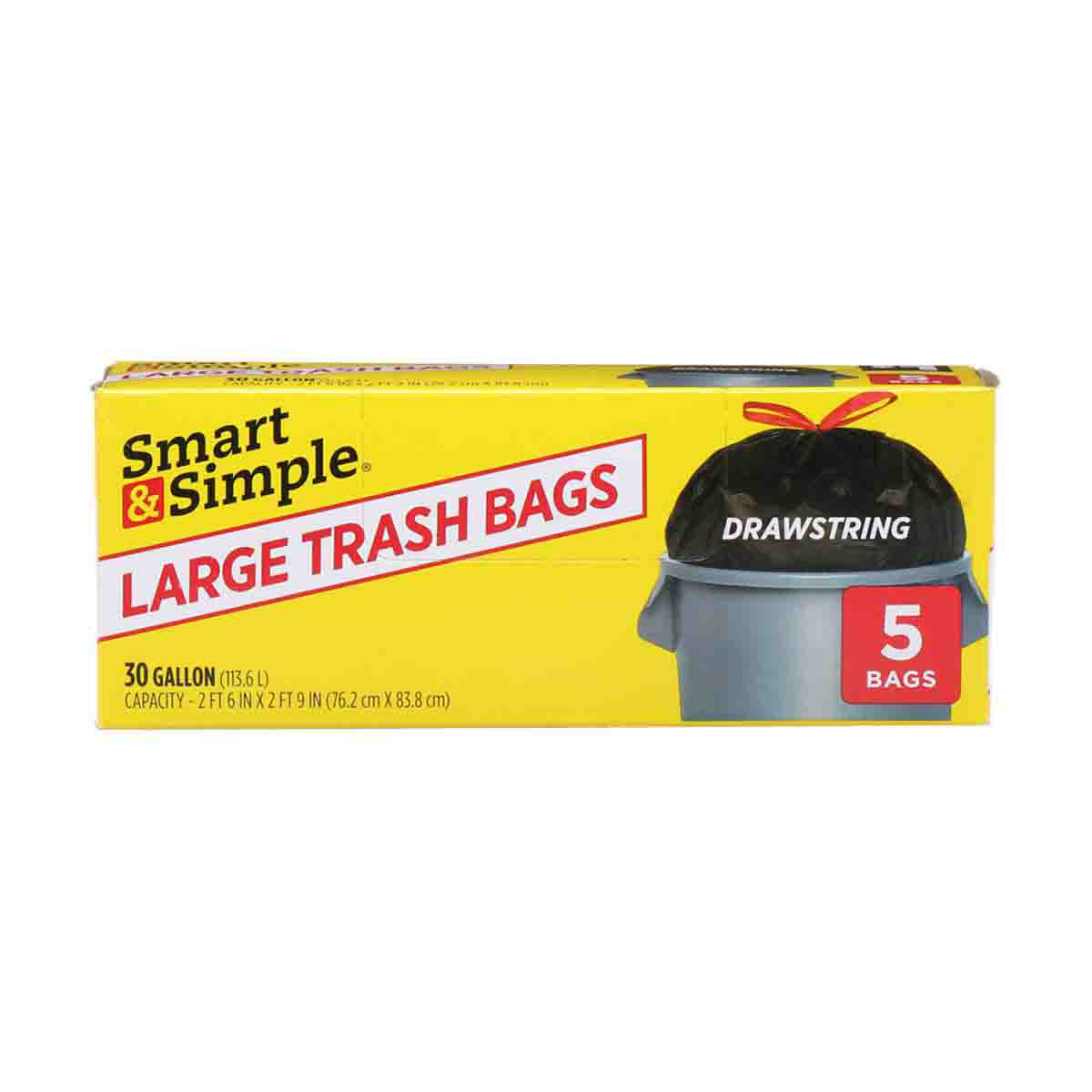 Basic Large Trash Bags, 30 Gallon, 5 Bags (Drawstring)