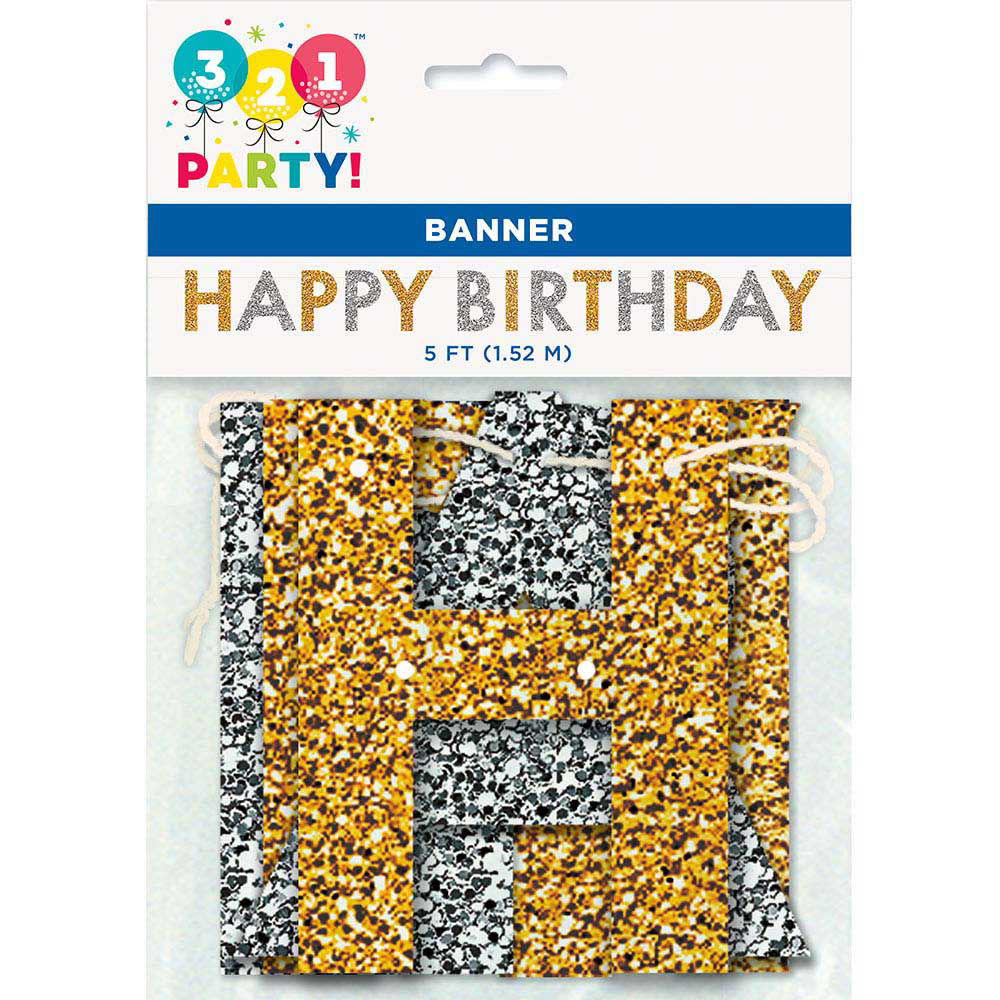 Happy Birthday in silver ink with gold stars printed on 5/8 white