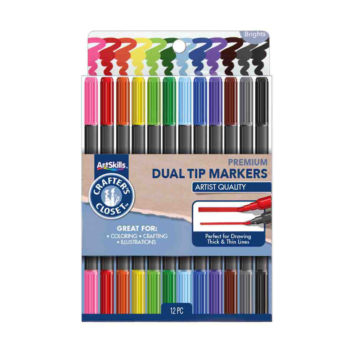 Crafter's Closet Artist's Premium Dual Tip Markers, Thick and Thin Lines,  12 Colors