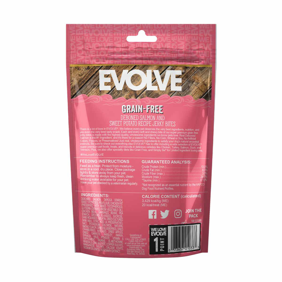 Evolve Grain Free Deboned Salmon and Sweet Potato Recipe Jerky Bites Dog Treats 12 oz