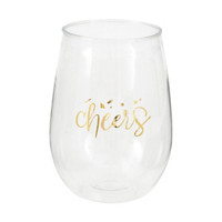 Gold "Cheers" Stemless Plastic Wine Glass, 15oz