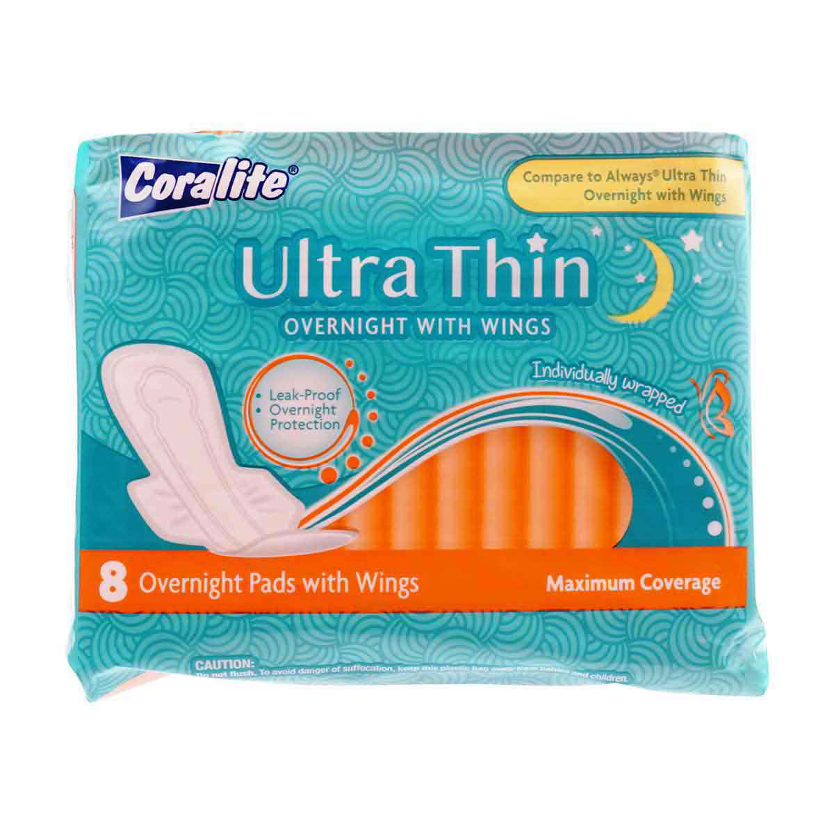 Coralite Ultra Thin Overnight Pads w/Wings, 8 Count