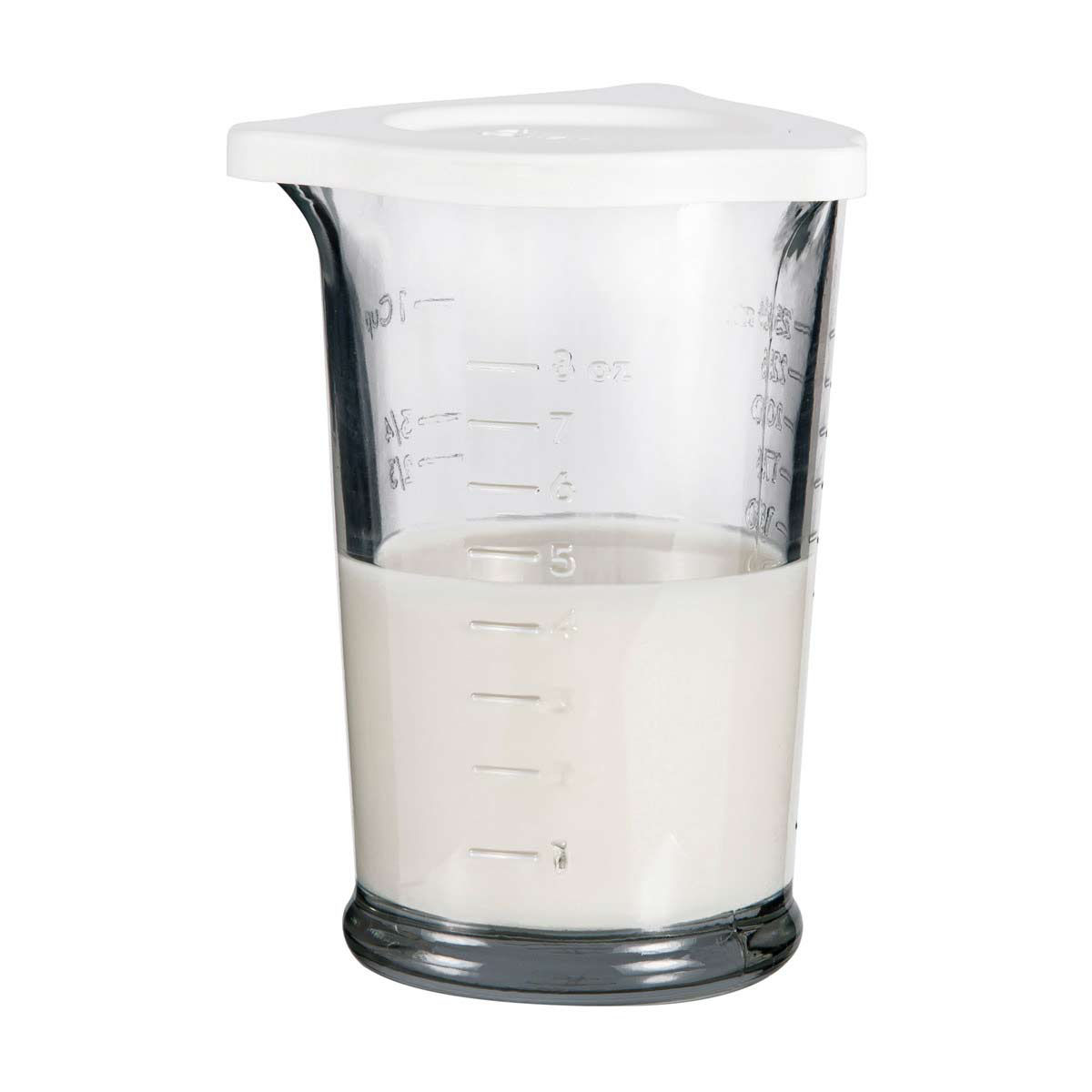 Triple Pour Embossed Glass Measuring Cup with White Lid, 8 Ounces