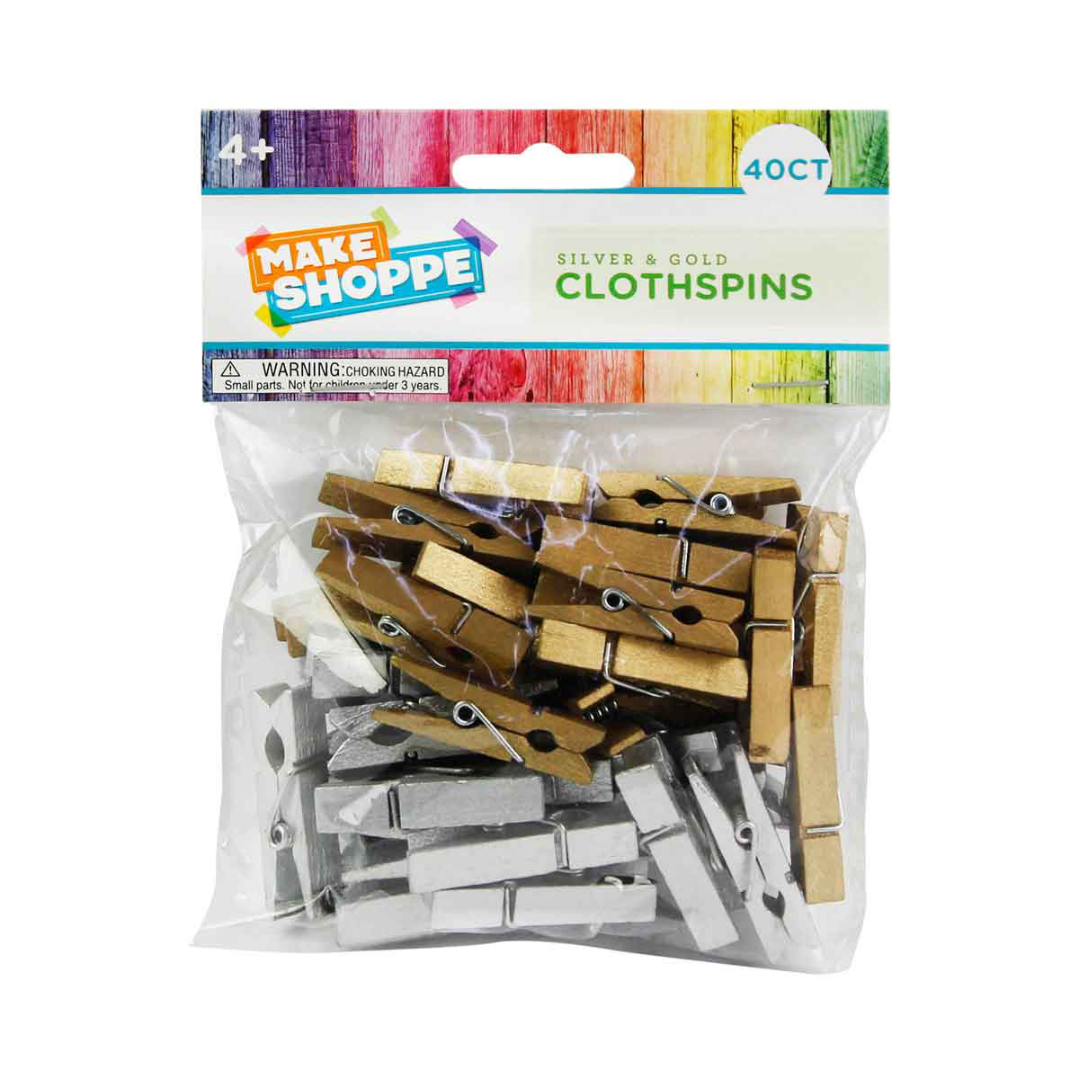 Make Shoppe Wood Clothespins 1.37'', Silver Gold, 40 Count