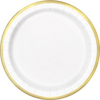 7" White Paper Plates with Gold Foil Trim, 10 Count