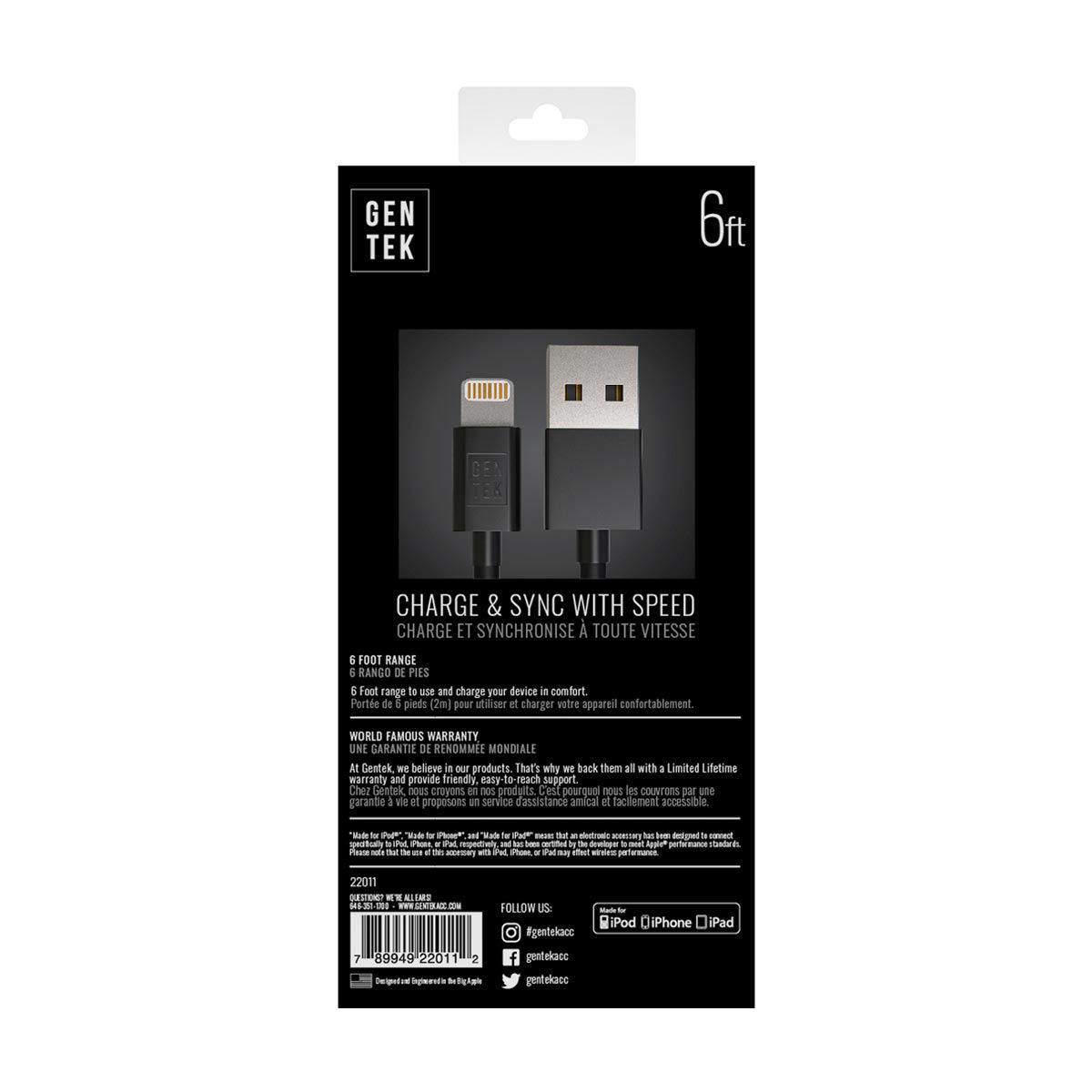Gentek USB Lightning Cable, 6 ft.
