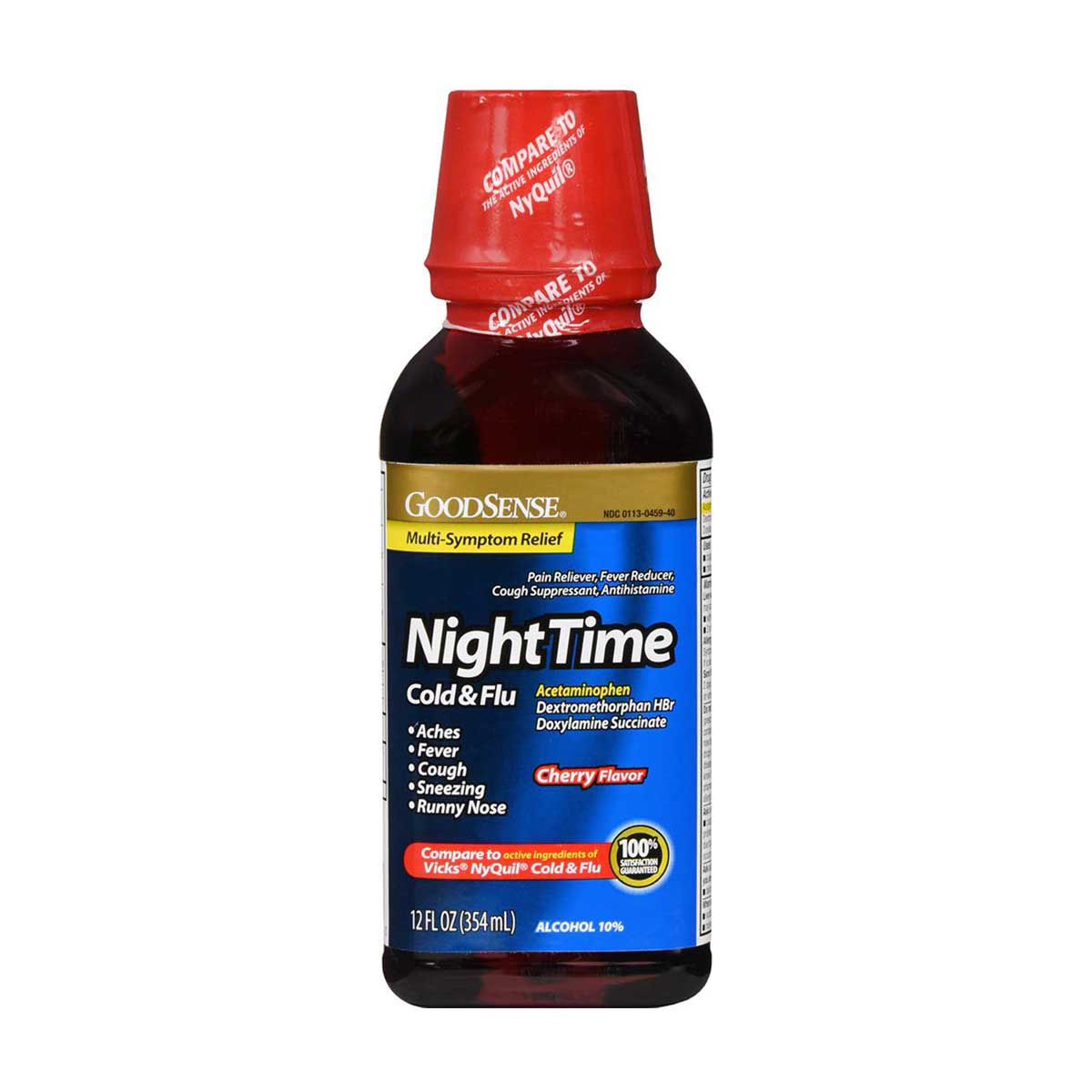GoodSense NightTime Cold & Flu MultiSymptom Relief Liquid, Cherry, 12 fl. oz.