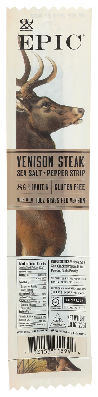 Epic Sea Salt & Black Pepper Venison Steak Snack Strip, 0.8 oz.