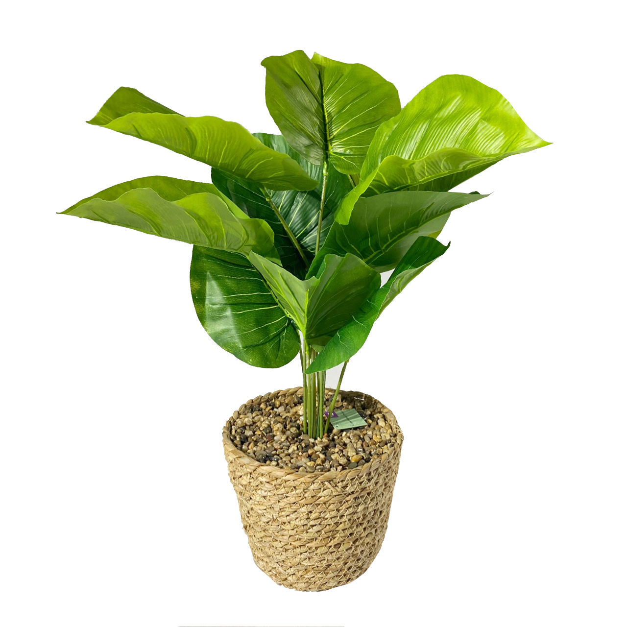 Green Faux Plant with Straw Pot