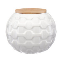 Circular White Ceramic Textured Canister with Wood Top