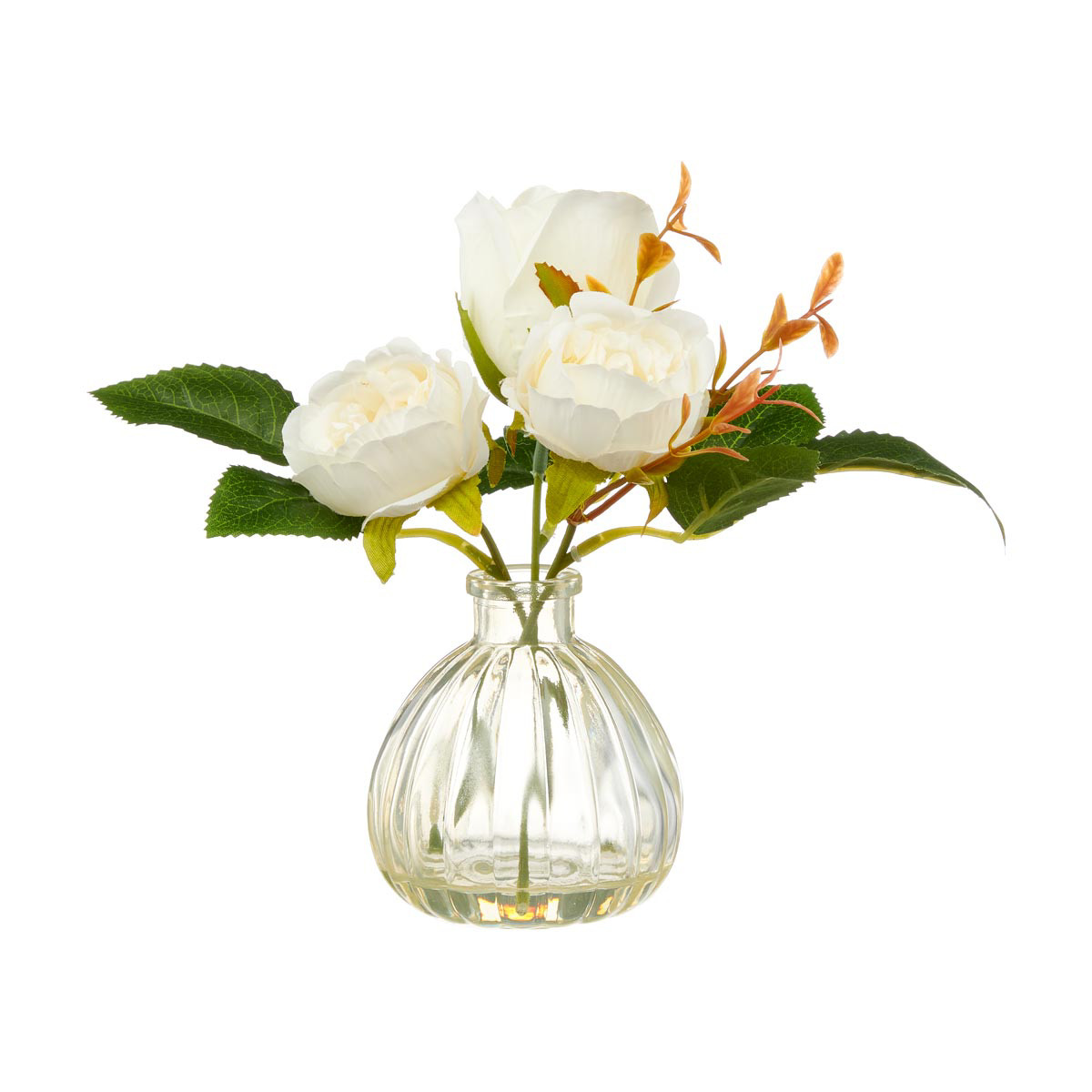 Artificial White Roses in Clear Glass Vase