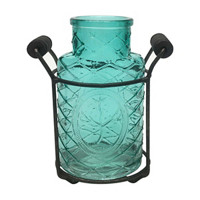 Aqua Vintage Glass Bottle Vase with Metal Holder