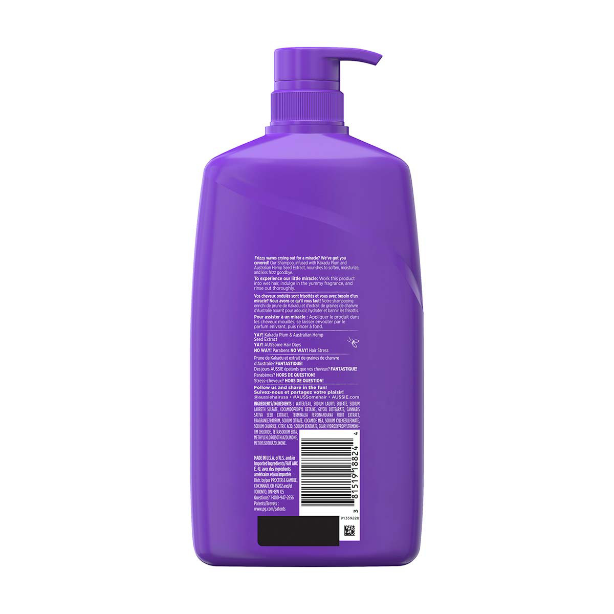 Aussie Miracle Waves Anti-Frizz Hemp Paraben-Free Shampoo, 26.2 fl oz