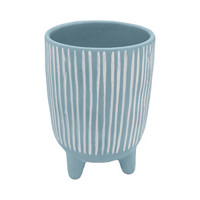 Light Blue Decorative Terra Cotta Pot with Textured Lines