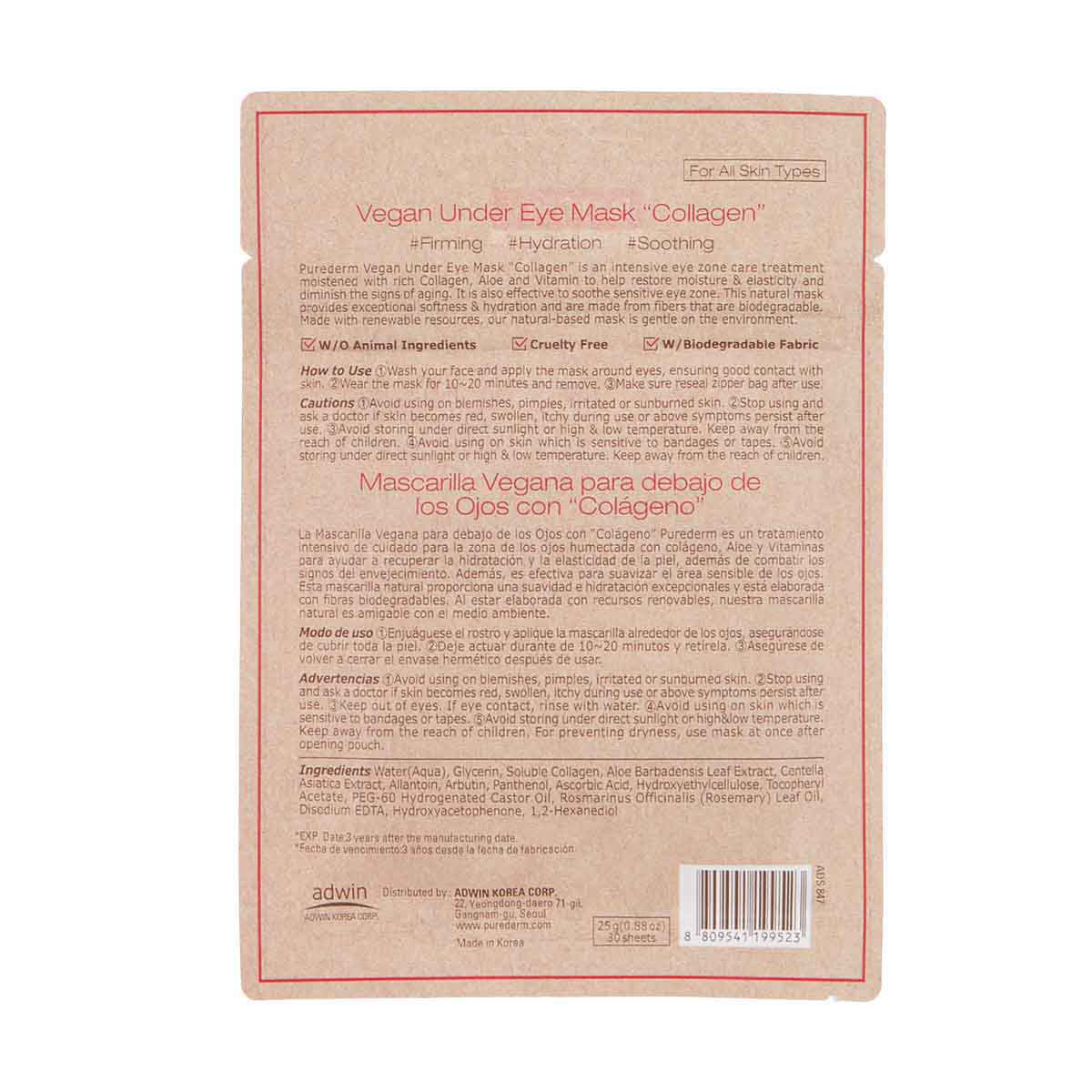 Purederm Vegan Under Eye Mask with Collagen, 30 Sheets