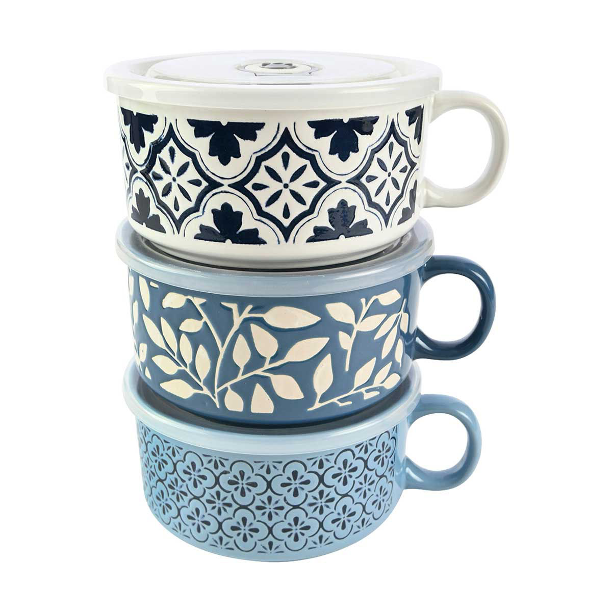 Embossed Ceramic Soup Mug with Lid