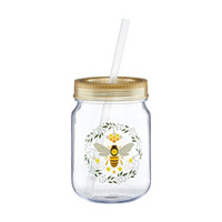 Bee Patterned Mason Jar with Lid and Straw,