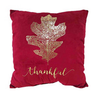 'Thankful' Printed Velvet Gold Decorative Square Burgundy Pillow, 18 in x 18 in