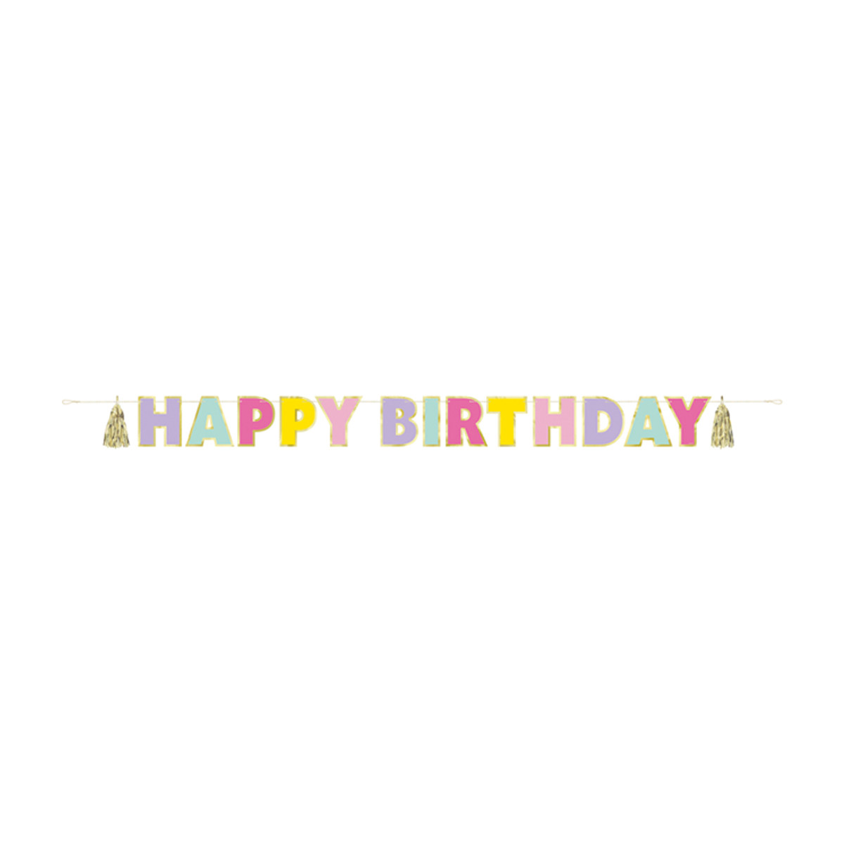 7.25 ft Foil Gold and Rainbow Pastel “Happy Birthday” Banner with Tassels