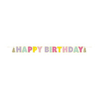 7.25 ft Foil Gold and Rainbow Pastel “Happy Birthday” Banner with Tassels