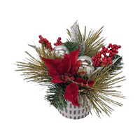 Artificial Christmas Arrangement with Ornaments, Pine Needles, and Cement Pot