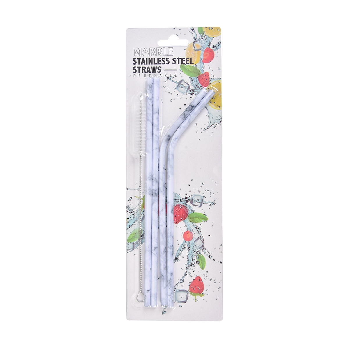 Reusable Stainless Steel Straws, 4 Straws, Marble