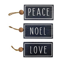 'Peace," "Noel," and "Love" Wooden Tag Ornament