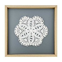 Wooden Framed Floral Doily Crocheted Design Art
