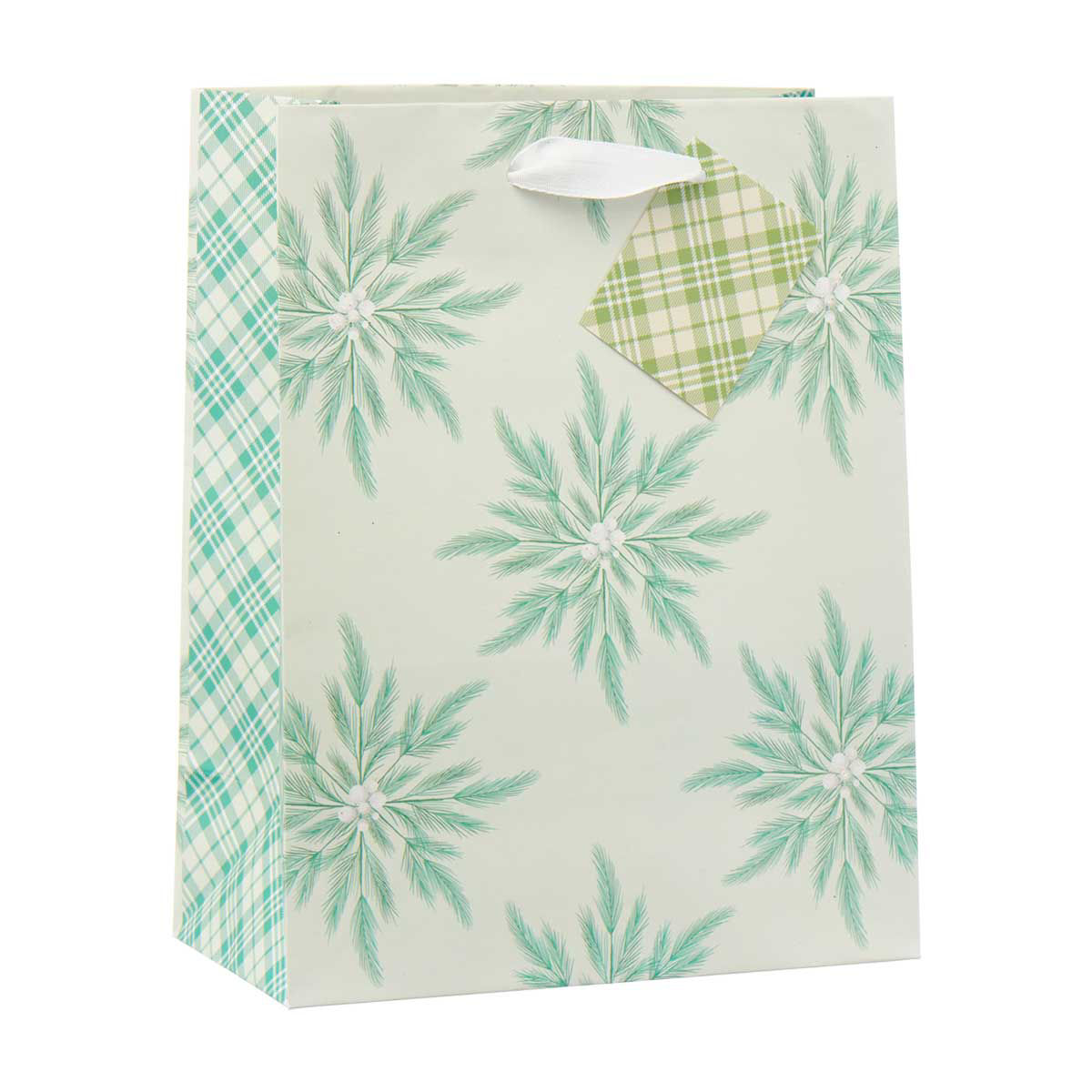 Green Pine Bough Snowflake Gift Bag with Ribbon Handle, Medium