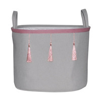 Fabric Basket with Rose Tassels, Round, Gray, Medium