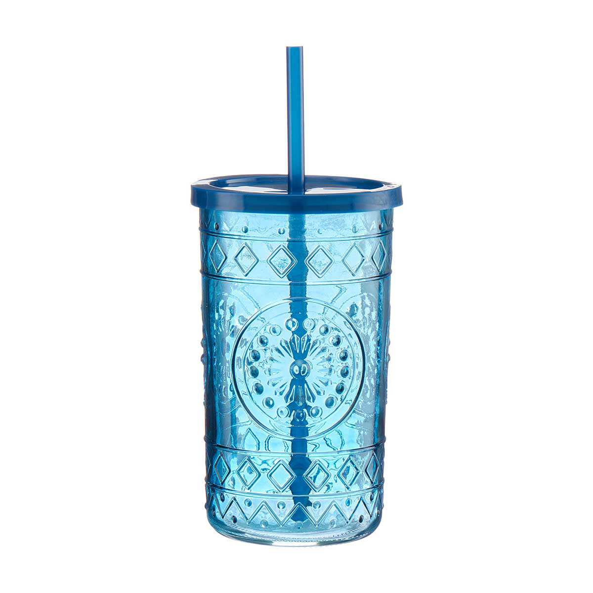 Embossed Glass Tumbler with Straw, Blue