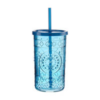 Embossed Glass Tumbler with Straw, Blue