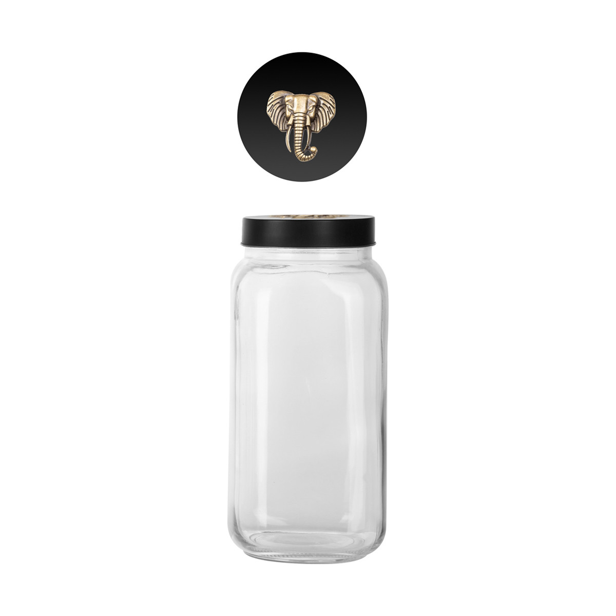 Clear Glass Canister With Black Lid And Elephant Decal Large 6434