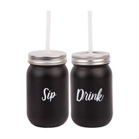 Matte Black Glass Sipper with Straw, 15 oz