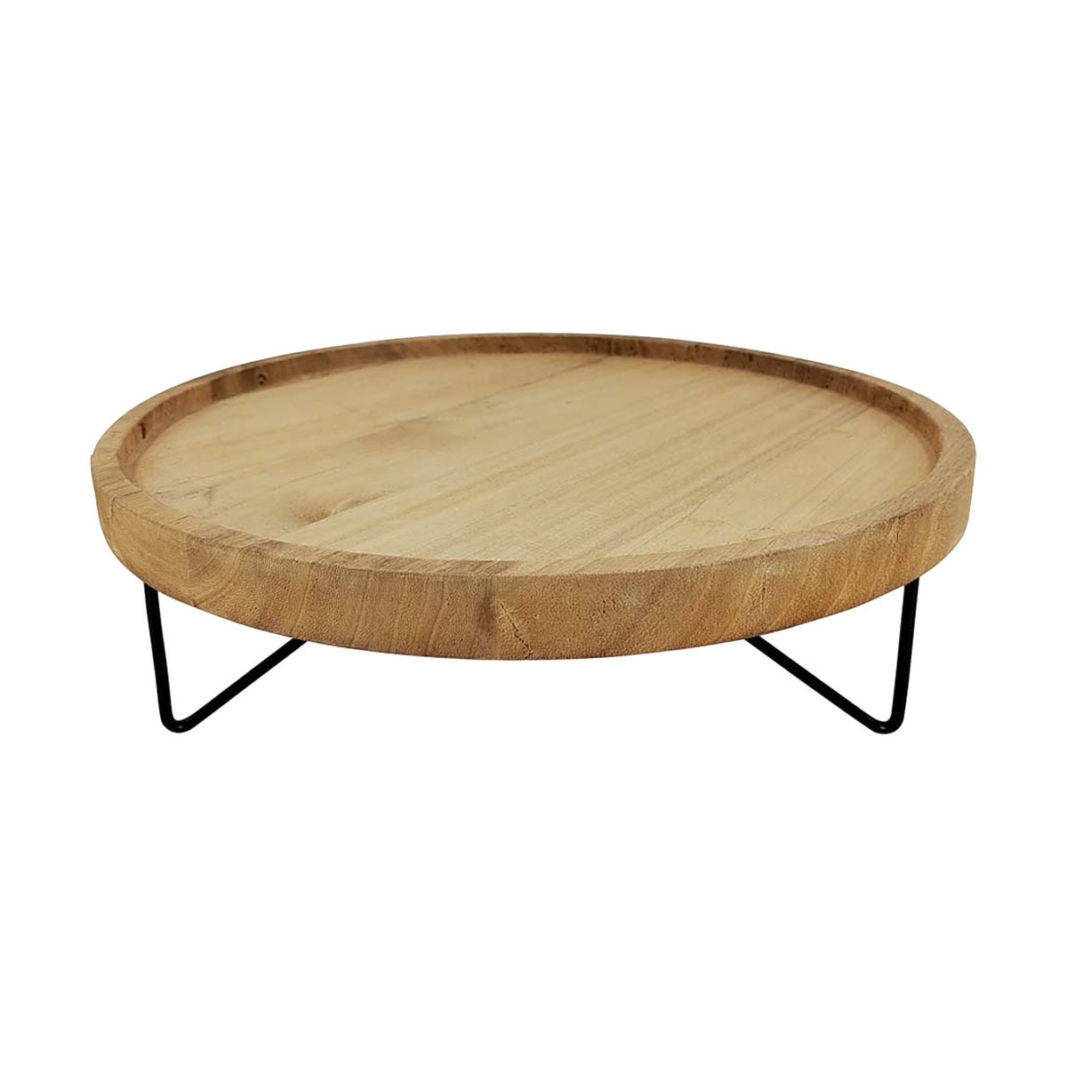 Wooden Round Decorative Tray with Metal Legs, Brown