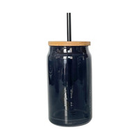 Glass Tumbler with Wooden Lid & Straw, Black