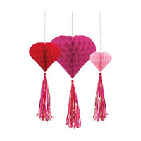 Unique Party! Pink & Red Heart Honeycomb Hanging Decorations with Foil Tassel Tails, 3 ct