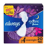 Always Radiant Overnight Feminine Pads for Women, Size 4 For Nighttime, With Wings, Scented, 20 ct