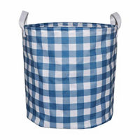 Blue Gingham Printed Round Storage Basket with Handles,