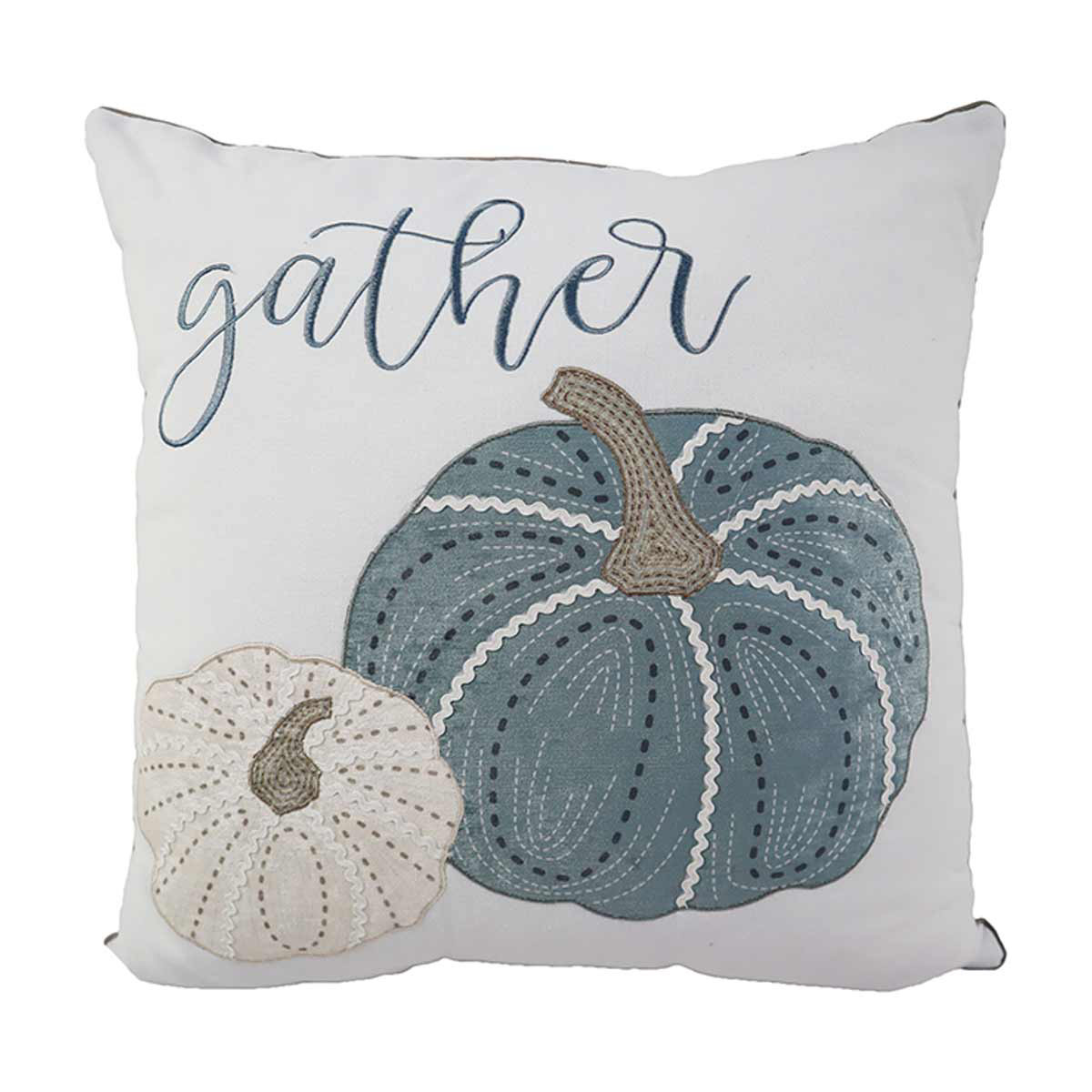 'Gather' Square White Pillow with blue and white pumpkin details,, 18 in x 18 in