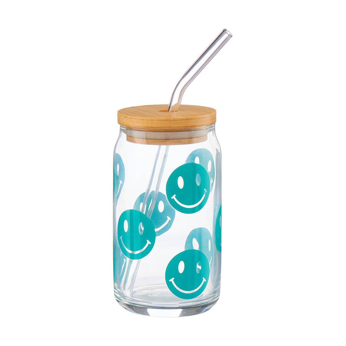 Smiley Face Glass Tumbler with Straw, 16 oz
