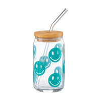 Smiley Face Glass Tumbler with Straw, 16 oz