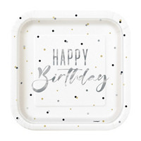 Square Silver 'Happy Birthday' Party Plates, 9 in, 8 ct