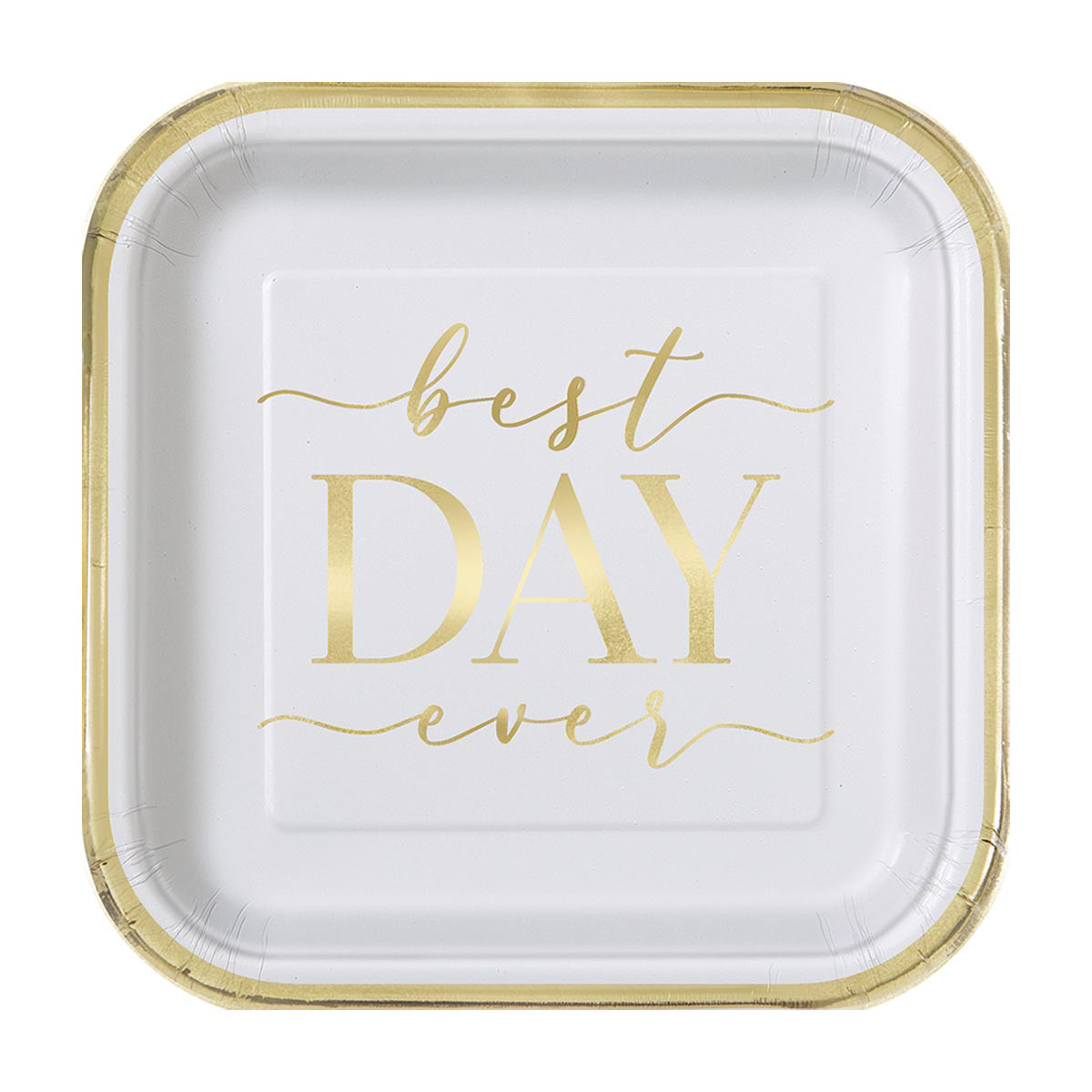 Foil Square Gold and White 'Best Day Ever' Party Plates, 7 in, 8 ct