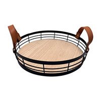 Decorative Round Serving Tray with Faux Leather Handles