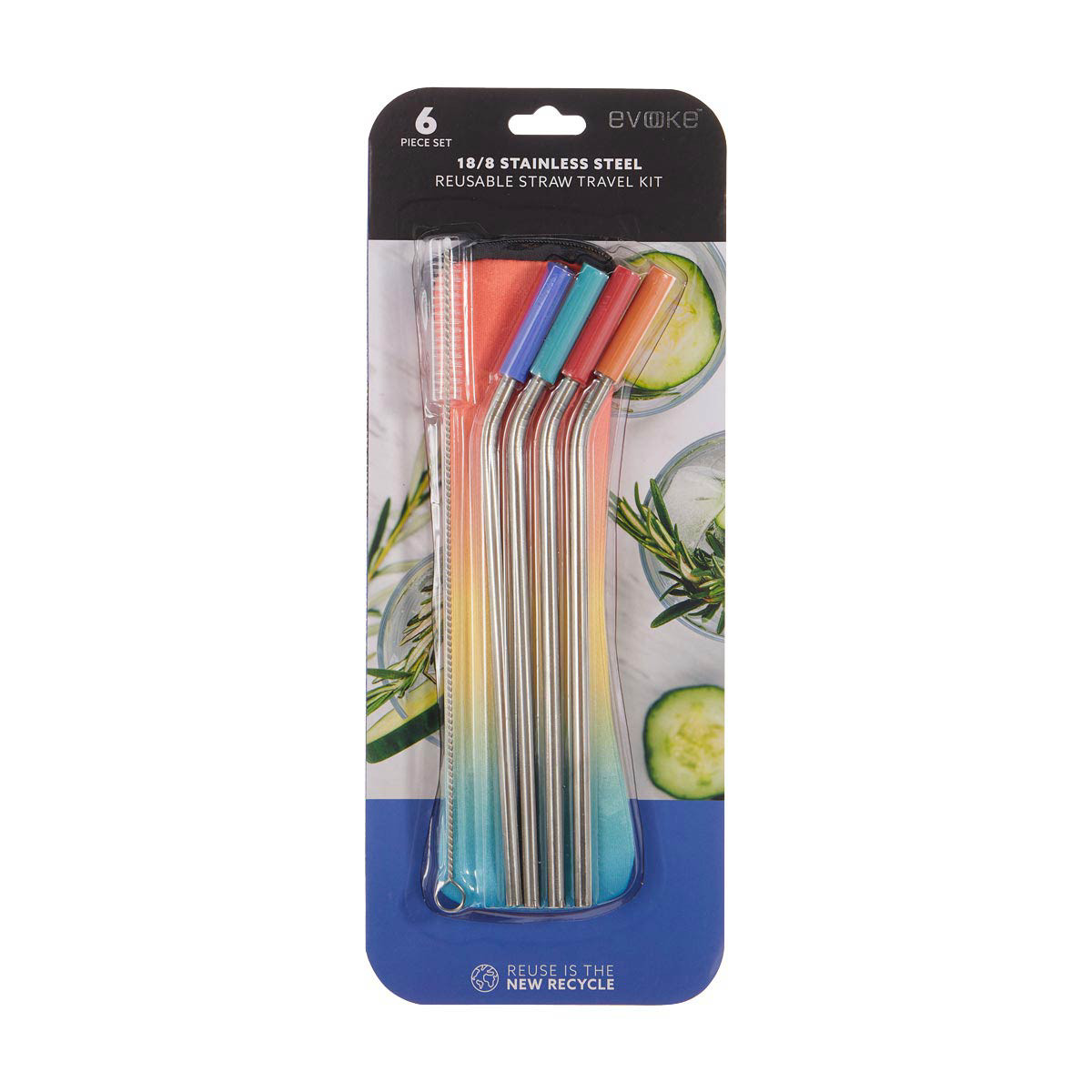 Evoke Stainless Steel Reusable Straws Travel Kit with Tip Cleaner, Cool Ombre